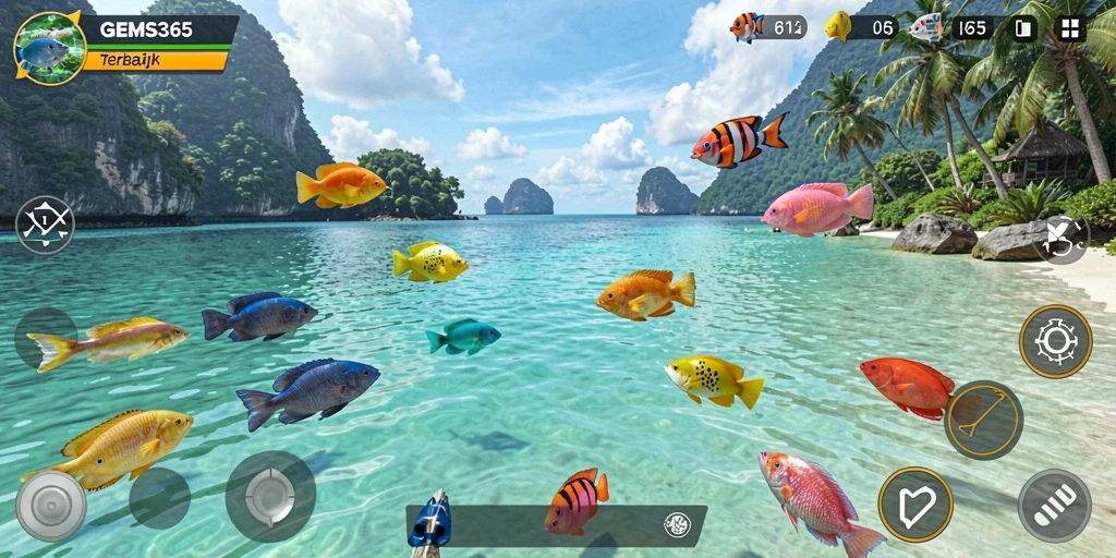 Screenshot GEMS365 menampilkan gameplay seru Tembak Ikan.