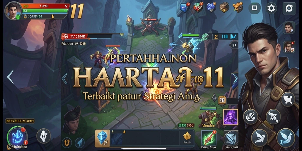 Screenshot gameplay HARTA11 menampilkan menara pertahanan yang strategis melawan gelombang musuh.