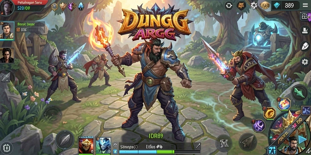 Screenshot gameplay IDR89, menampilkan pertarungan epik dan dunia fantasi.