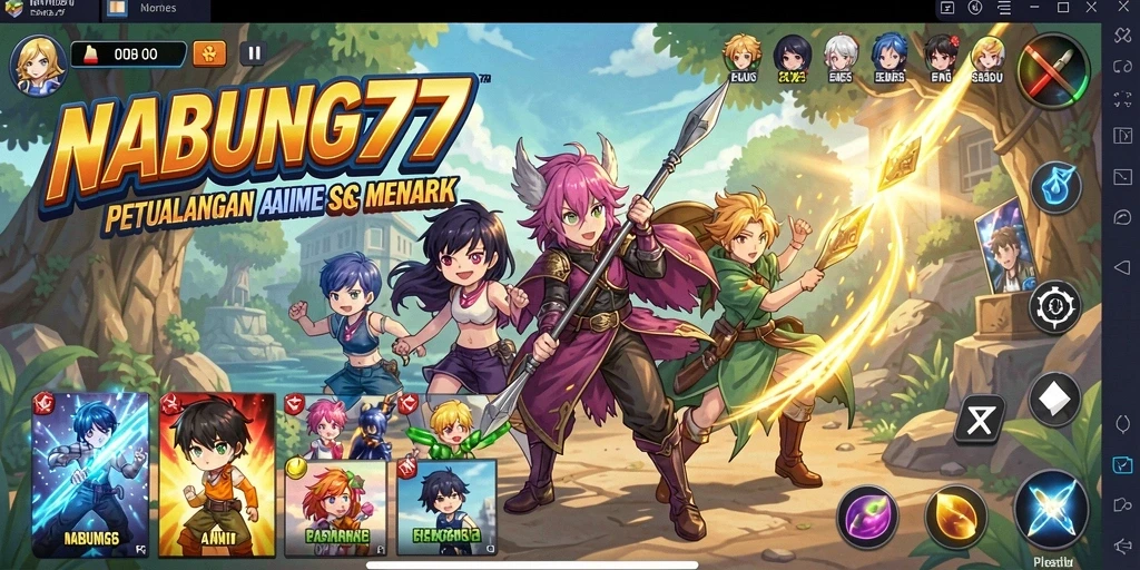 Gameplay NABUNG77 dengan karakter anime yang dinamis dan berwarna.