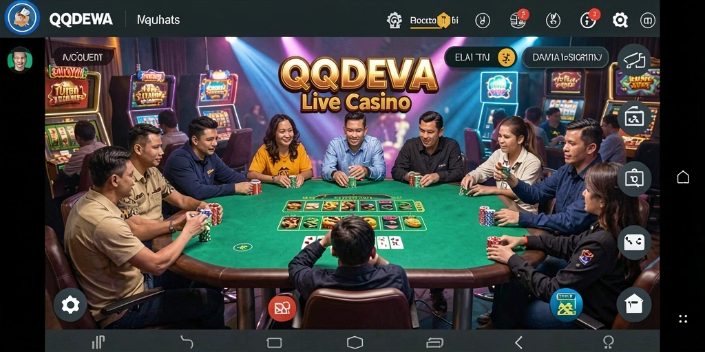 Screenshot permainan Live Casino QQDEWA menampilkan dealer profesional di meja permainan.