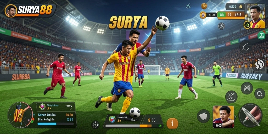 Tampilan gameplay menegangkan di SURYA88 yang menggambarkan aksi sepak bola.